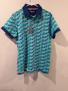 Fernando Pena Platinum Stretch Green Blue Patterned Polo Medium NWT
